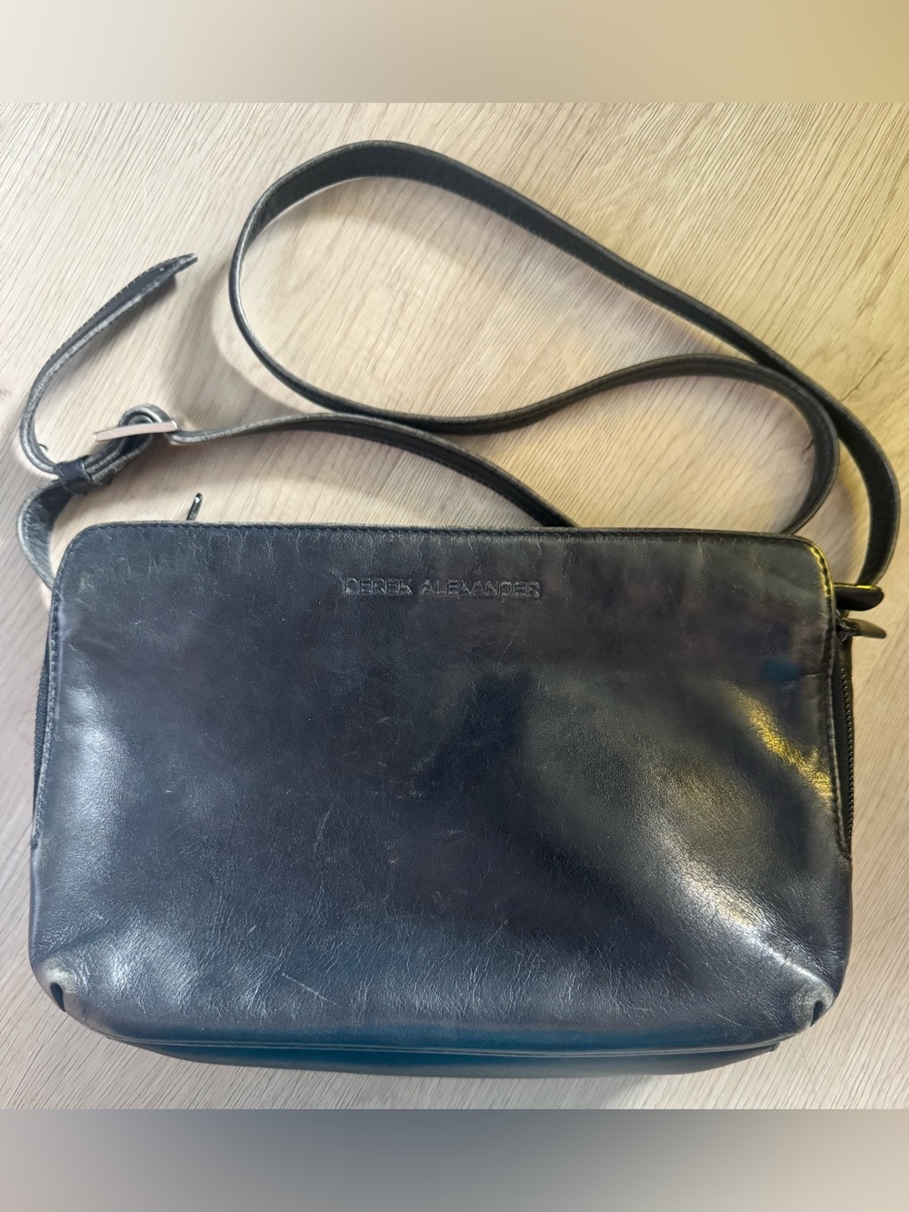 "Derek Alexander Black Leather Organizer Crossbody Bag